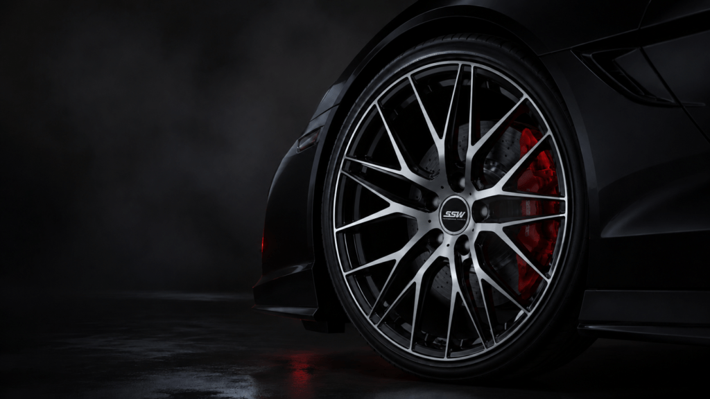 SSW flow-formed alloy wheel fitted to a performance car on a Bengaluru road