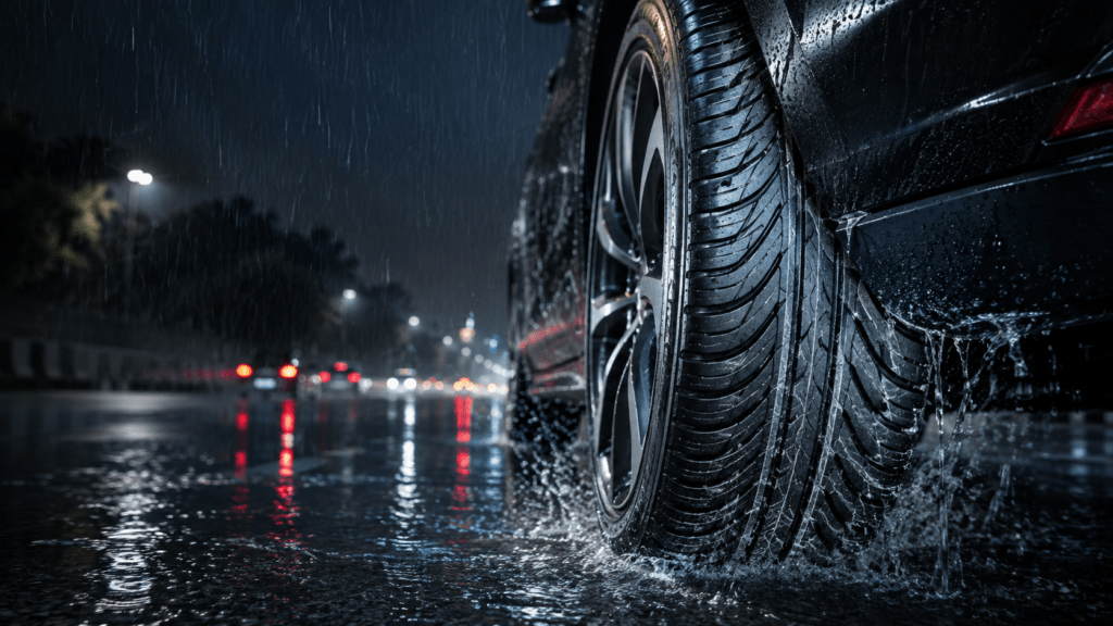 Directional, asymmetric and symmetric car tyre tread patterns marked for wet-road use