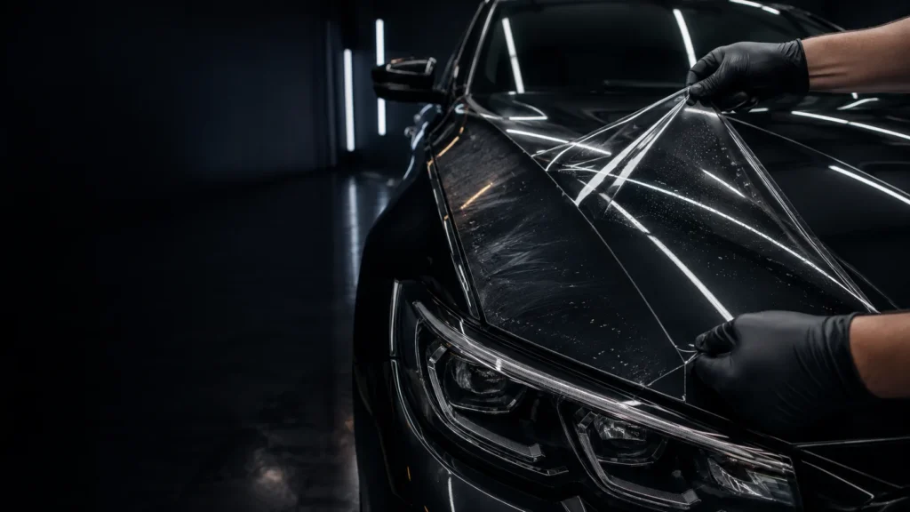 Car panels marked by stone-chip, scratch, stain and loading-edge risk before PPF coverage