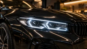 Three-lens projector headlight setup fitted inside a car headlamp for improved night visibility