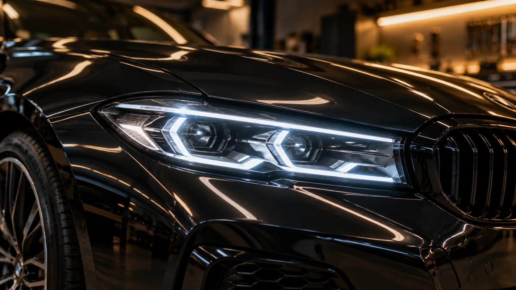 Three-lens projector headlight setup fitted inside a car headlamp for improved night visibility