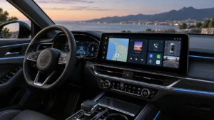 Modern touchscreen car infotainment display showing navigation, audio, Bluetooth and smartphone connectivity