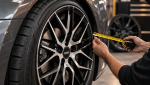 SSW alloy wheel being checked for size, PCD, offset and tyre fitment before installation